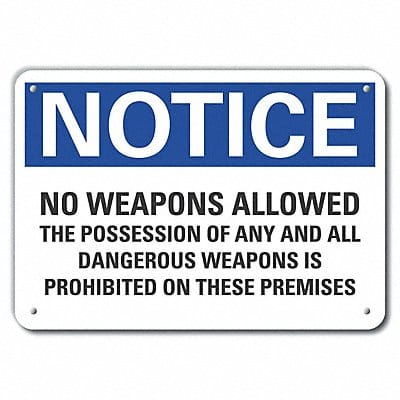 Plastic No Weapons Notice Sign 7x10in