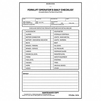 Forklift Inspection Book Paper Canary