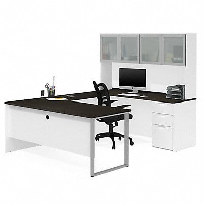 U Desk Glass Door Hutch White Deep Grey