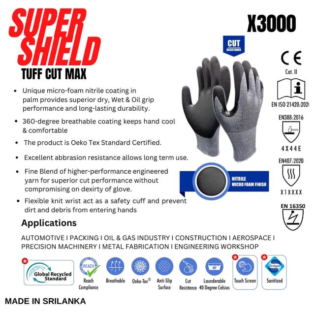 SUPER SHIELD X3000 TUFF CUT MAX CUT RESISTANT HAND GLOVES WITH ANTISTATIC PROTECTION