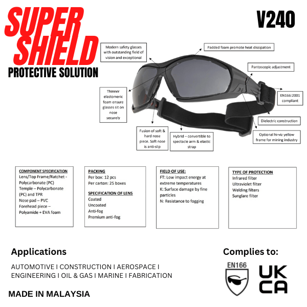 SUPER SHEILD SAFETY GLASS WITH DETACHABLE TEMPLES AND HEAD BAND V240